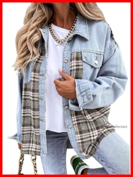 Jackets & Blazers - Oversized Plaid Denim Shacket Button Down Long Sleeve Jean Jacket